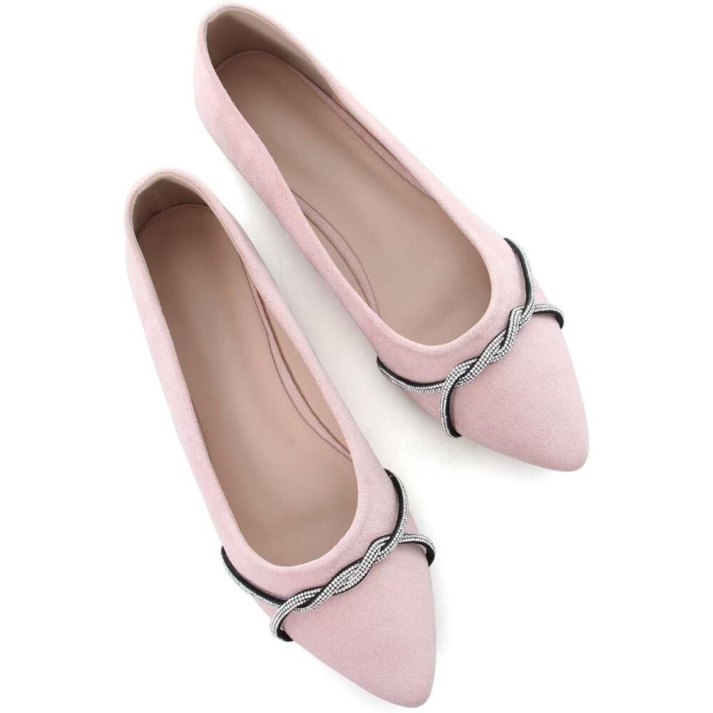Women's Light Pink Casual Flats Fashion Chain Pointed Toe Ballet Flat Rhinestone